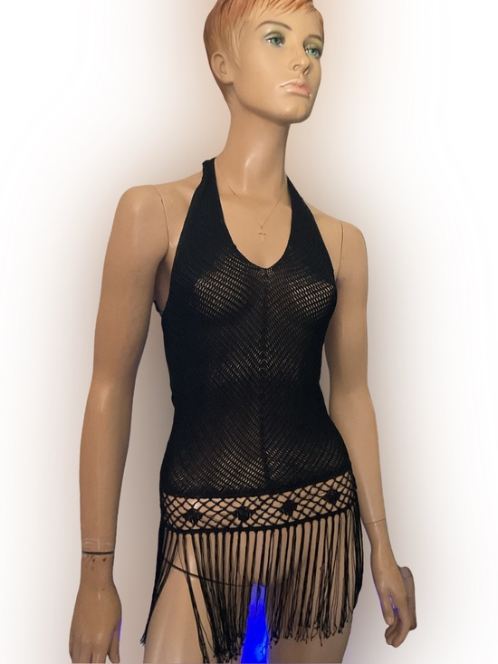 MNG Tops - VTG Y2K MNG BLACK CROCHET HALTER BEADED FRINGE TOP